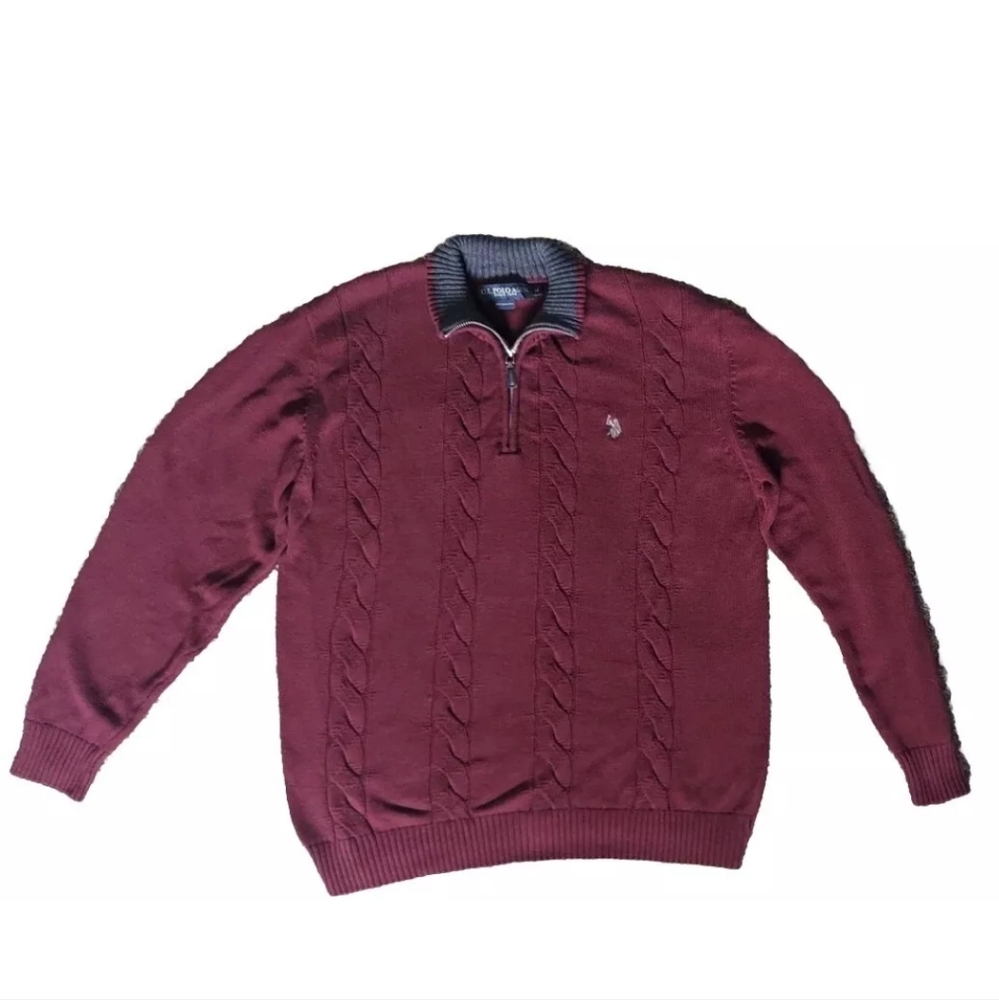 US Polo Assn Men's 1/4 Zip Maroon Colored Chain Knit Collared Sweater Size MED